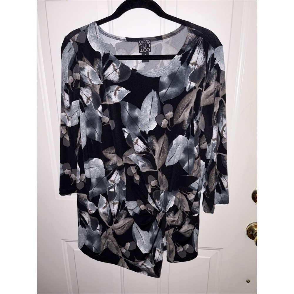 Clara Sun Woo M Black Floral Leaf Print Twist Asymmetric Tunic Top Knit Blouse